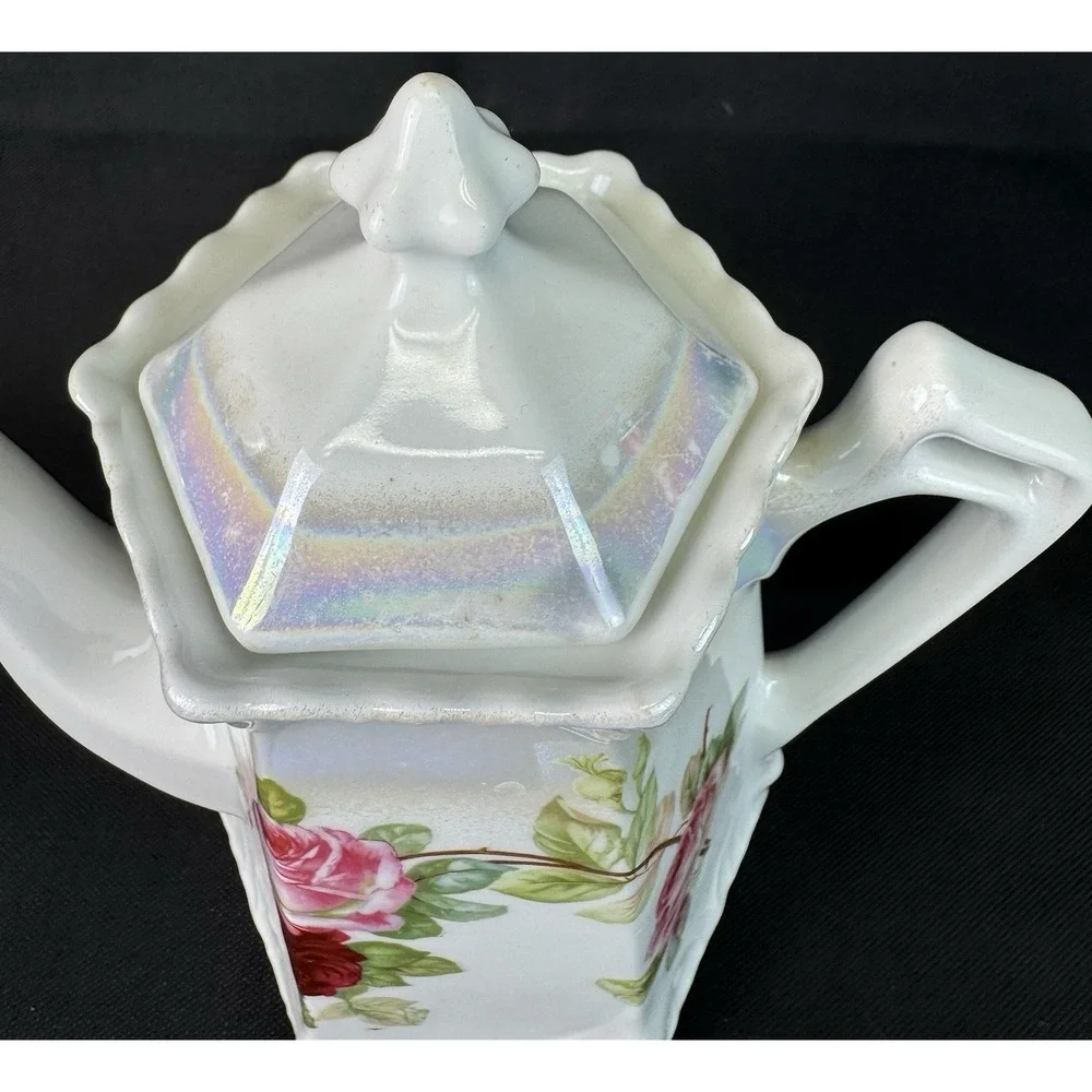 Antique German Blue Floral Glazed Porcelain Teapot Hexagonal Base 7